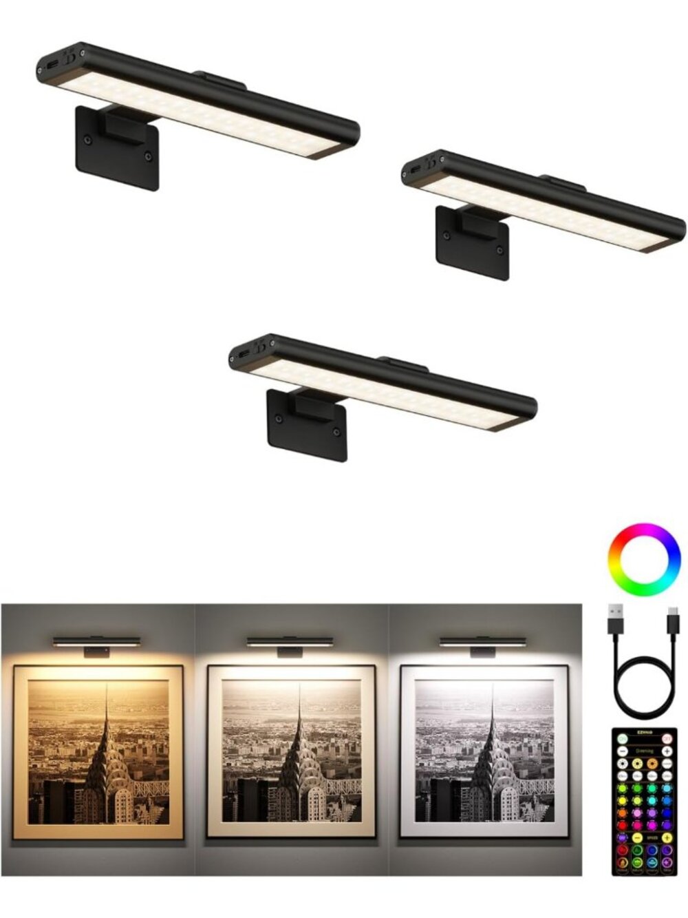 Wireless RGB Picture Light, Color Changing LED Art Display, Dimmable Remote